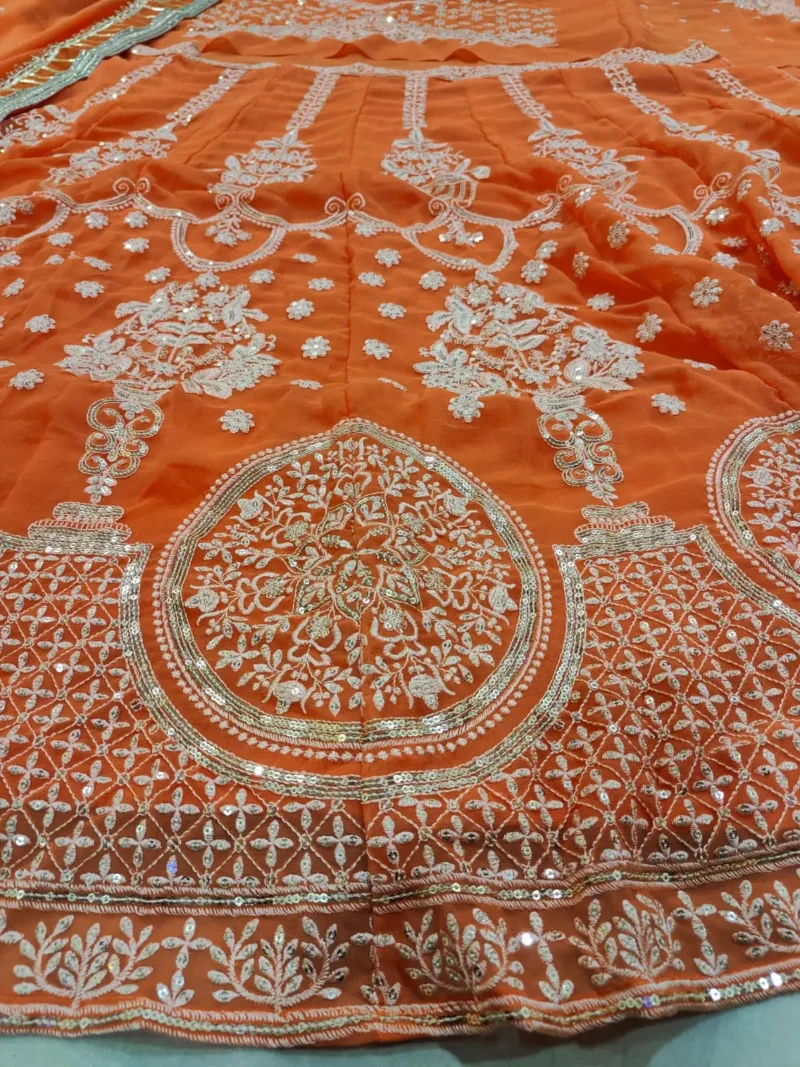 Orange Colour Georgette Wedding Lehenga close work details
