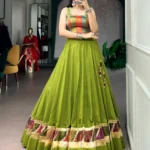 Parrot Green Cotton Navratri Lehenga with Cowrie Lace Blouse front
