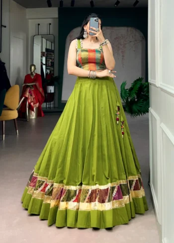 Parrot Green Cotton Navratri Lehenga with Cowrie Lace Blouse front
