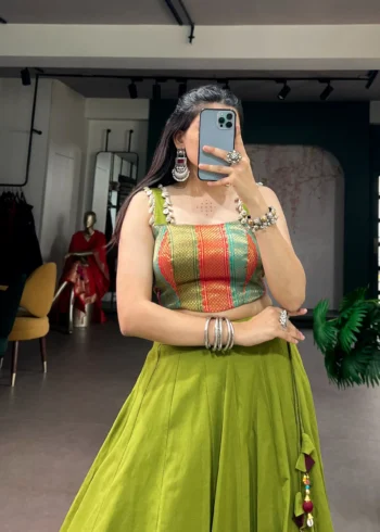 Parrot Green Cotton Navratri Lehenga with Cowrie Lace Blouse close