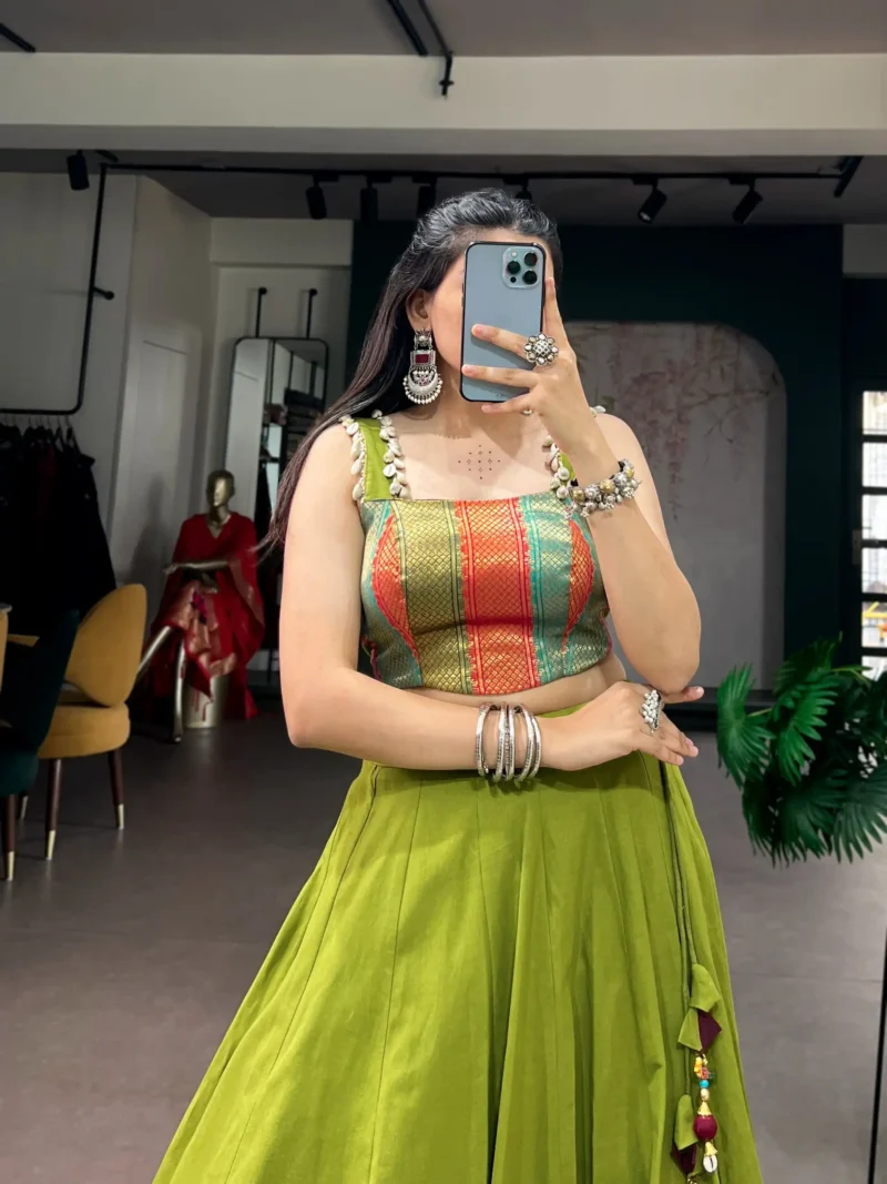 Parrot Green Cotton Navratri Lehenga with Cowrie Lace Blouse close