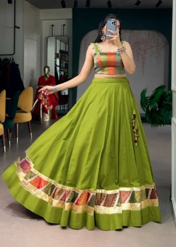Parrot Green Cotton Navratri Lehenga with Cowrie Lace Blouse flair