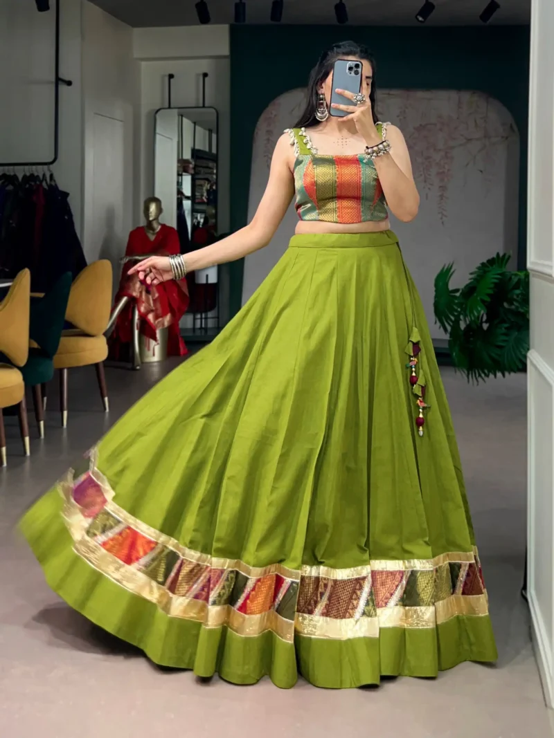 Parrot Green Cotton Navratri Lehenga with Cowrie Lace Blouse flair