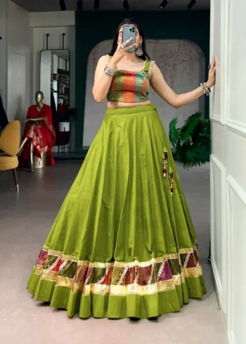 Parrot Green Cotton Navratri Lehenga with Cowrie Lace Blouse front