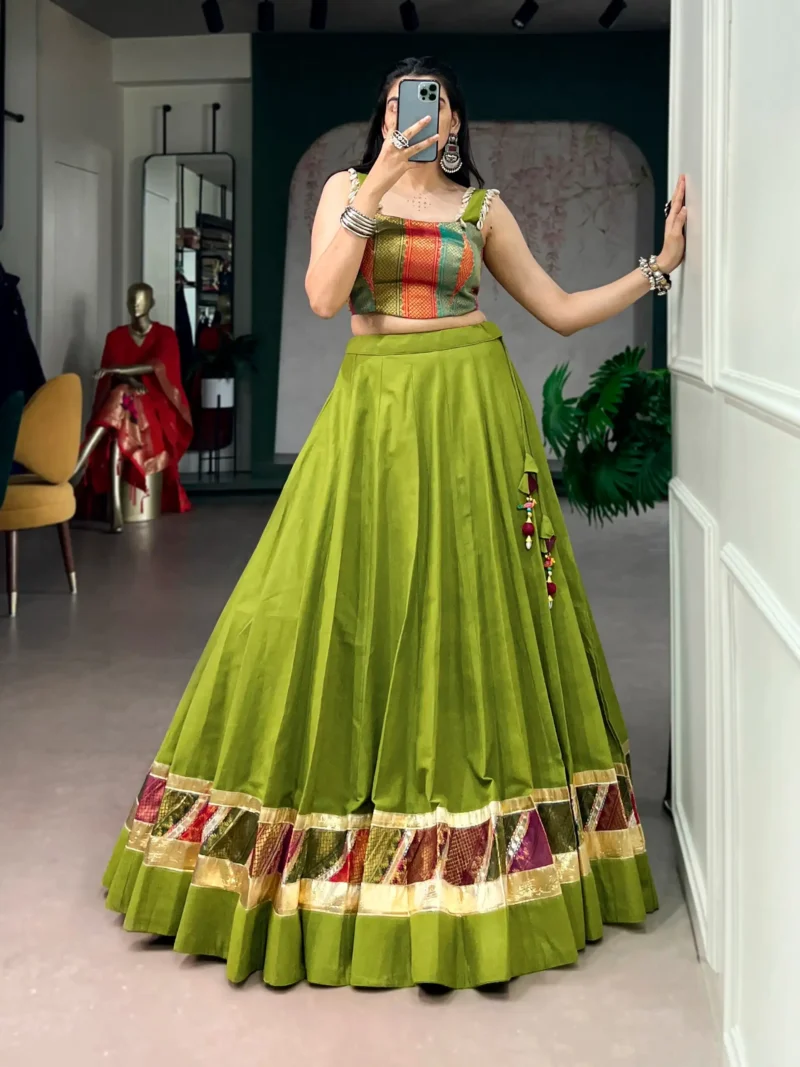 Parrot Green Cotton Navratri Lehenga with Cowrie Lace Blouse front