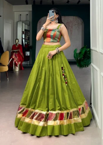 Parrot Green Cotton Navratri Lehenga with Cowrie Lace Blouse side