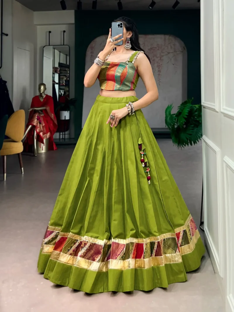 Parrot Green Cotton Navratri Lehenga with Cowrie Lace Blouse side