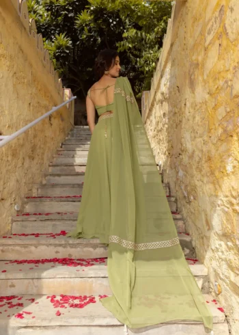 Pastel Green Faux Georgette Bridesmaid Lehenga back side look