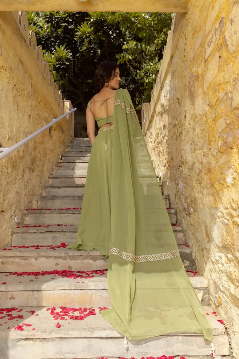 Pastel Green Faux Georgette Bridesmaid Lehenga back side look