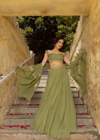 Pastel Green Faux Georgette Bridesmaid Lehenga full look