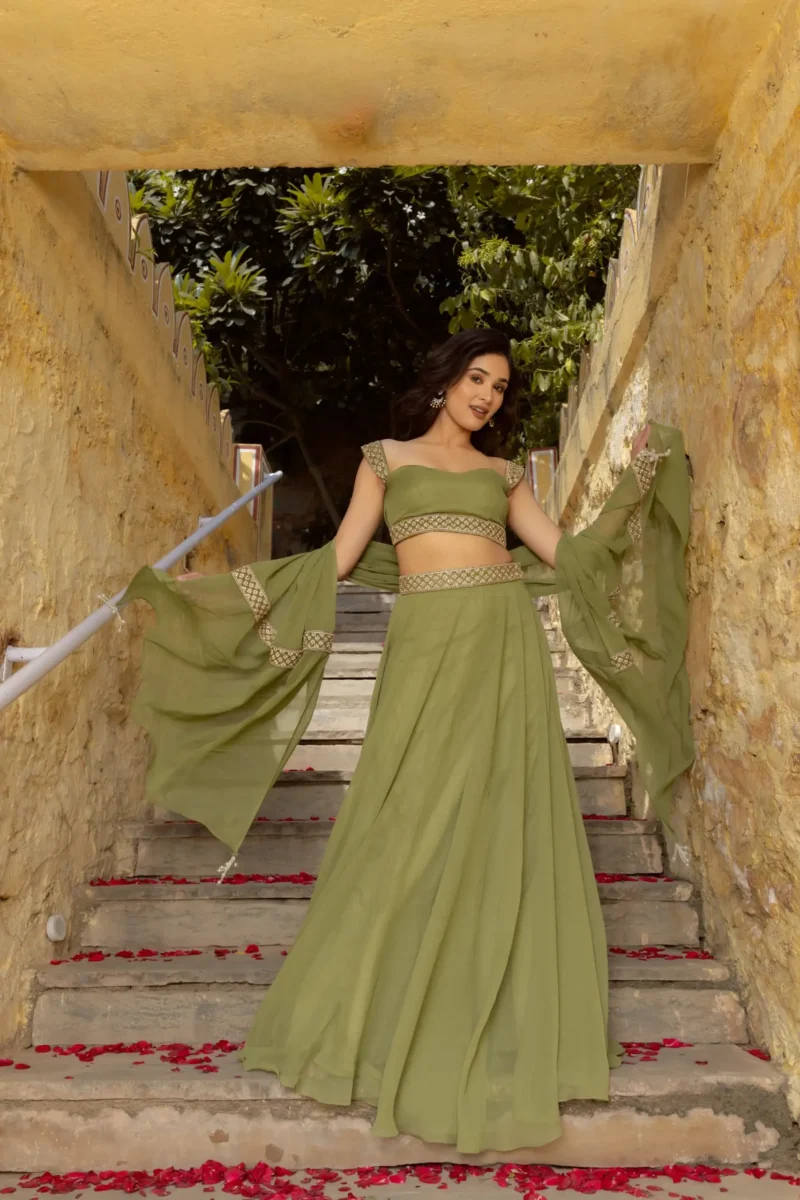 Pastel Green Faux Georgette Bridesmaid Lehenga full look