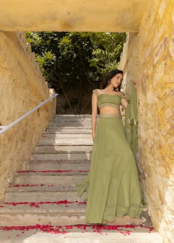 Pastel Green Faux Georgette Bridesmaid Lehenga front look