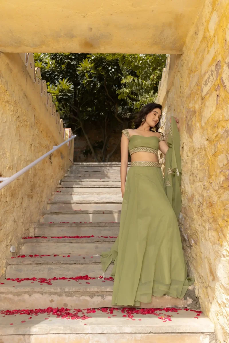Pastel Green Faux Georgette Bridesmaid Lehenga front look