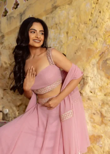 Pastel Pink Faux Georgette Bridesmaid Lehenga close up