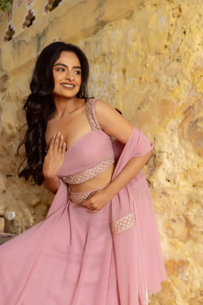 Pastel Pink Faux Georgette Bridesmaid Lehenga close up