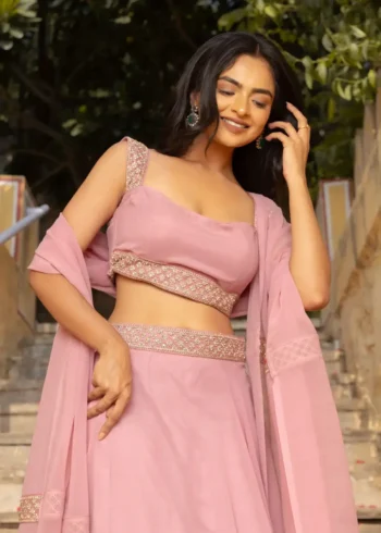 Pastel Pink Faux Georgette Bridesmaid Lehenga close