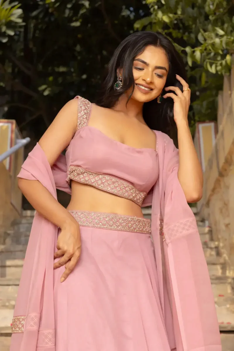 Pastel Pink Faux Georgette Bridesmaid Lehenga close