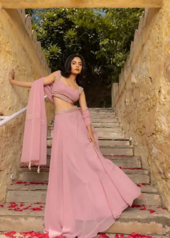 Pastel Pink Faux Georgette Bridesmaid Lehenga front look