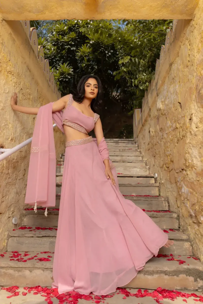 Pastel Pink Faux Georgette Bridesmaid Lehenga front look