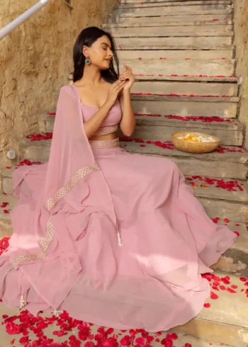 Pastel Pink Faux Georgette Bridesmaid Lehenga sitting look
