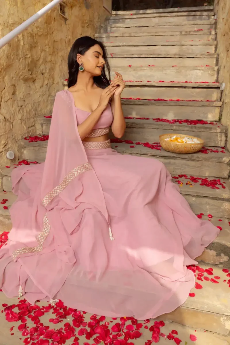 Pastel Pink Faux Georgette Bridesmaid Lehenga sitting look