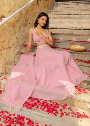 Pastel Pink Faux Georgette Bridesmaid Lehenga lying look