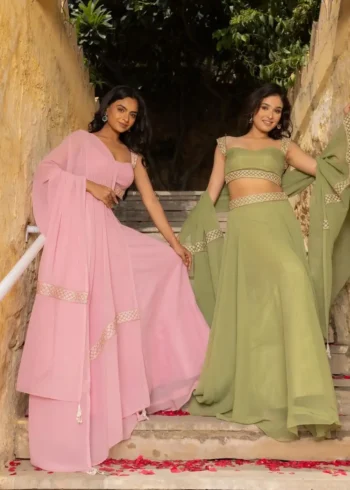 Pastel Pink & Green Faux Georgette Bridesmaid Lehenga