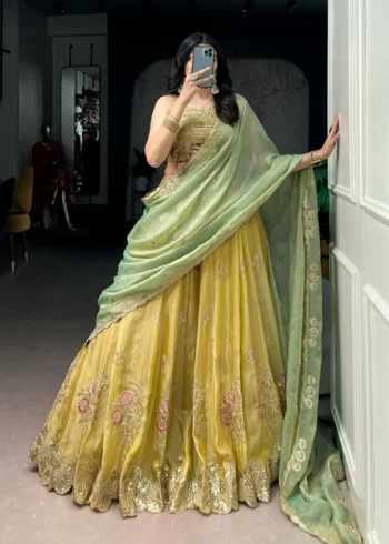 Pastel Yellow Moss Silk Lehenga front look
