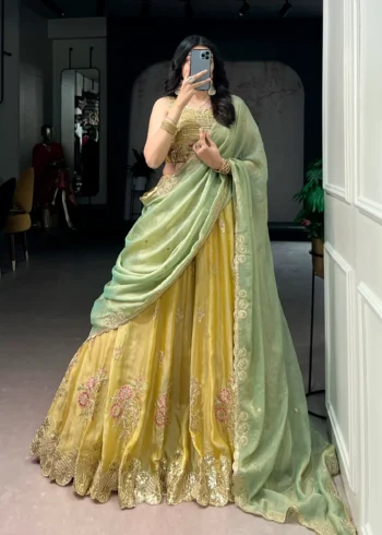 Pastel Yellow Moss Silk Lehenga front