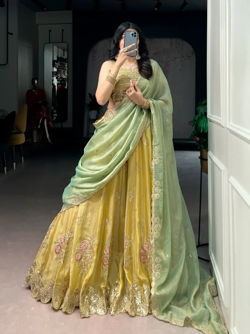 Pastel Yellow Moss Silk Lehenga front
