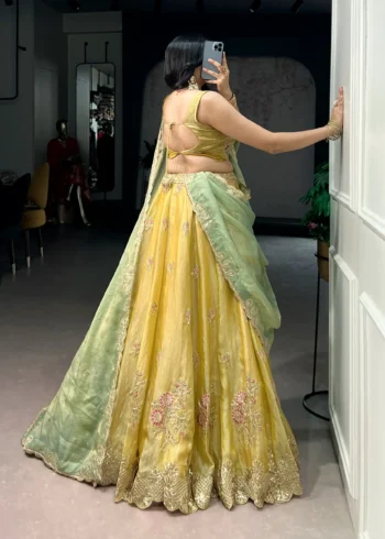Pastel Yellow Moss Silk Lehenga back side design