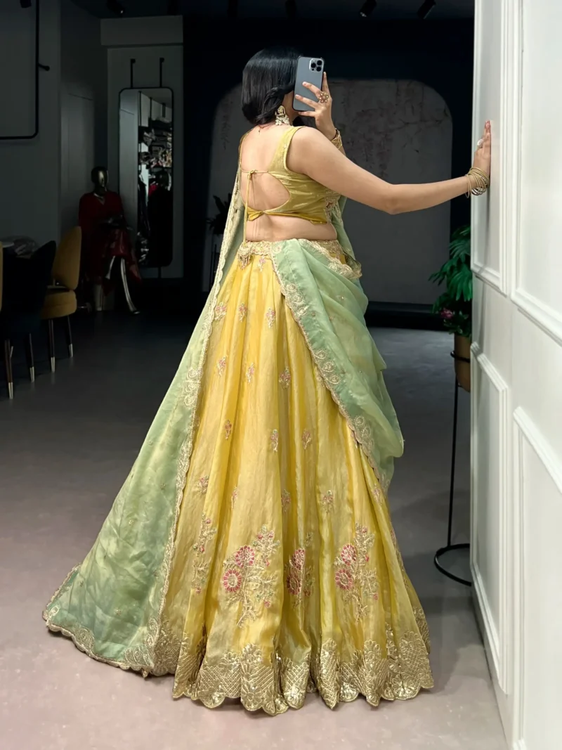 Pastel Yellow Moss Silk Lehenga back side design