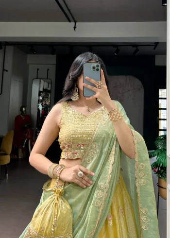 Pastel Yellow Moss Silk Lehenga close look