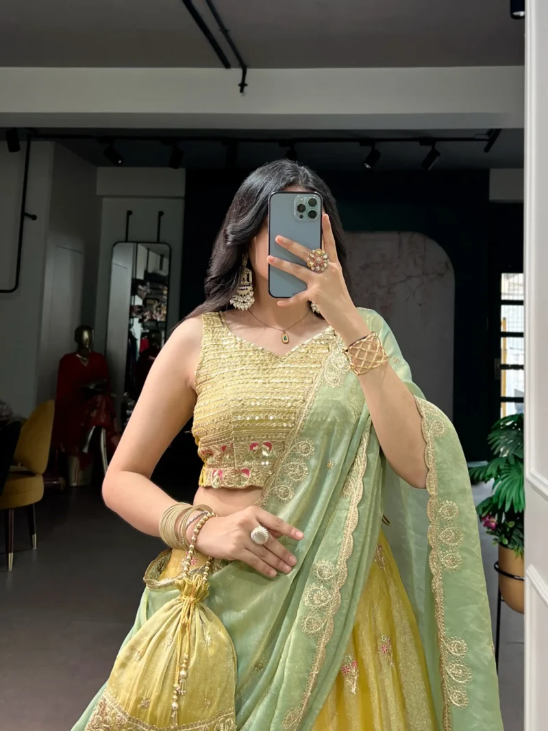 Pastel Yellow Moss Silk Lehenga close look