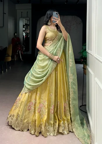 Pastel Yellow Moss Silk Lehenga side look
