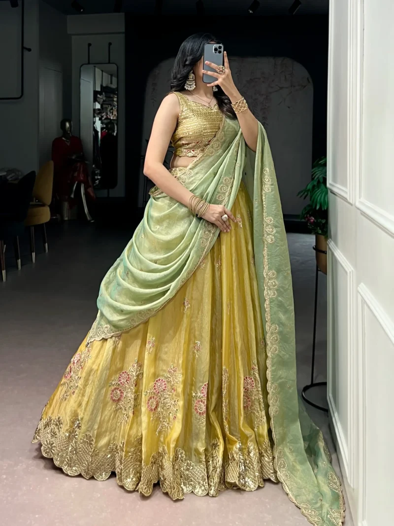 Pastel Yellow Moss Silk Lehenga side look