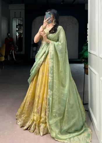 Pastel Yellow Moss Silk Lehenga with Pastel Green Dupatta - Image 3