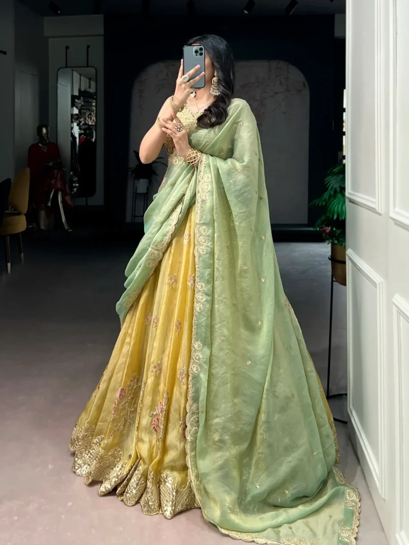 Pastel Yellow Moss Silk Lehenga with Pastel Green Dupatta - Image 3