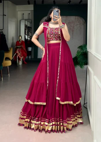 Rani Pink Navratri Lehenga with Gamthi Work Blouse and Mirror Long Koti front