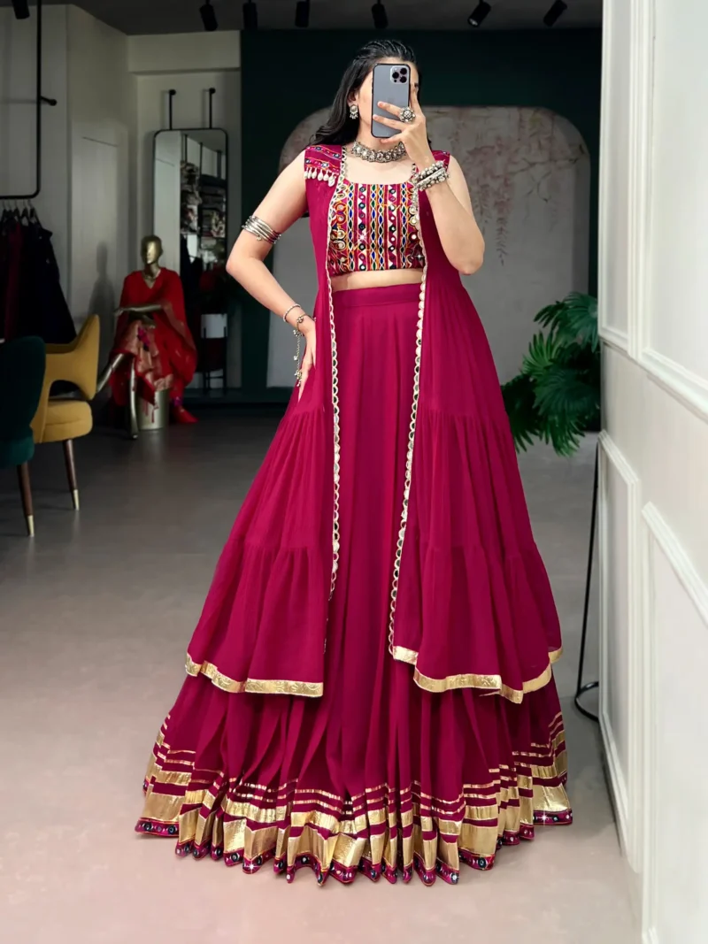 Rani Pink Navratri Lehenga with Gamthi Work Blouse and Mirror Long Koti front