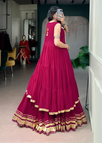 Rani Pink Navratri Lehenga with Gamthi Work Blouse and Mirror Long Koti back side design