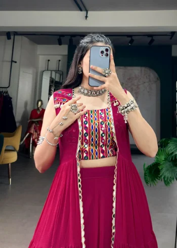 Rani Pink Navratri Lehenga with Gamthi Work Blouse and Mirror Long Koti close look
