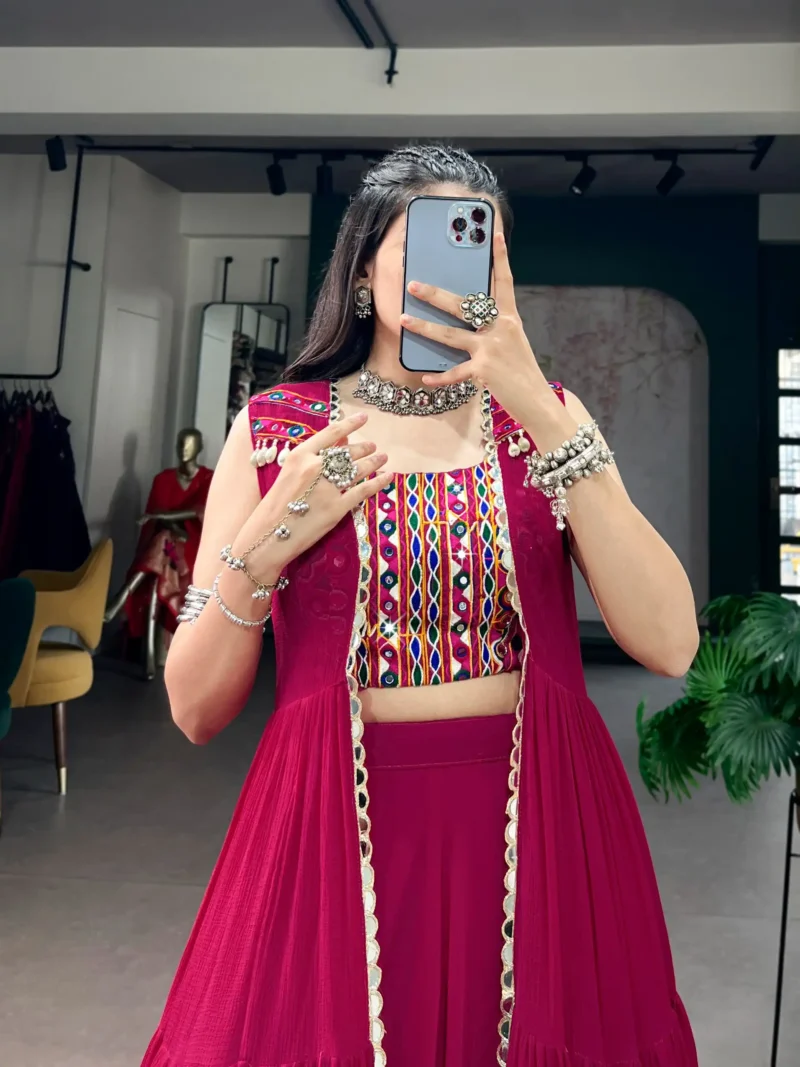 Rani Pink Navratri Lehenga with Gamthi Work Blouse and Mirror Long Koti close look