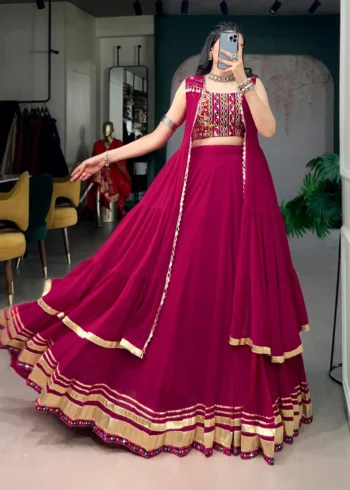 Rani Pink Navratri Lehenga with Gamthi Work Blouse and Mirror Long Koti flair