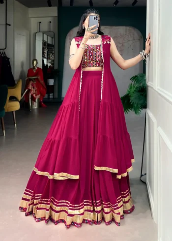 Rani Pink Navratri Lehenga with Gamthi Work Blouse and Mirror Long Kotifront