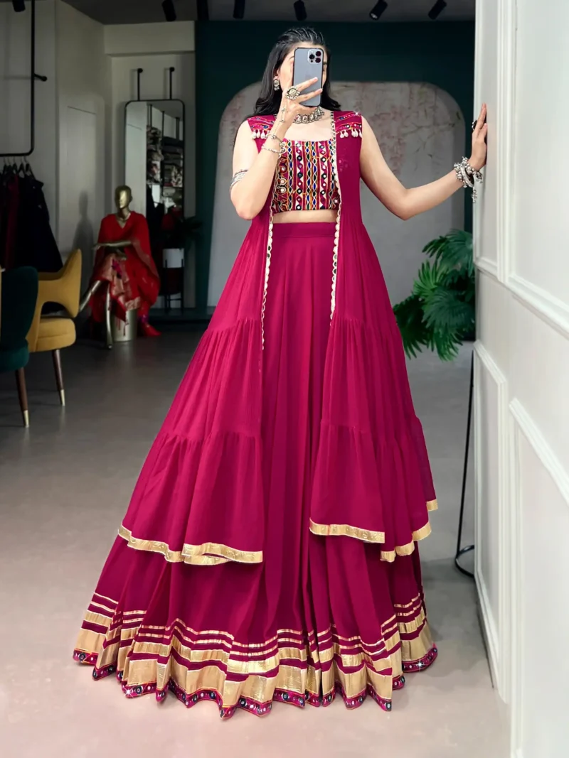 Rani Pink Navratri Lehenga with Gamthi Work Blouse and Mirror Long Kotifront