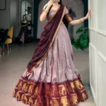 Pinkish Grey Poly Cotton Chex Half Saree Lehenga front