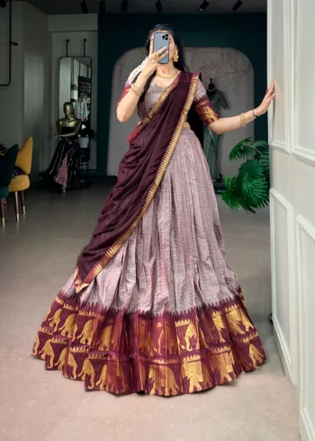 Pinkish Grey Poly Cotton Chex Half Saree Lehenga front