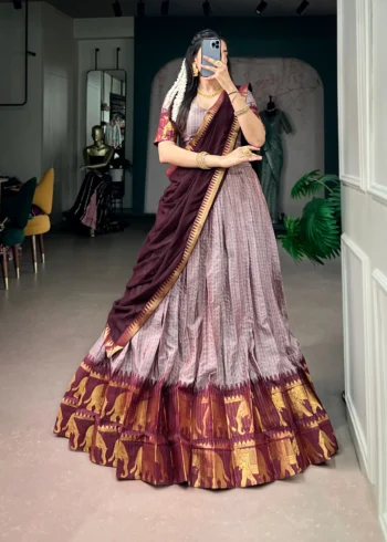Pinkish Grey Poly Cotton Chex Half Saree Lehenga selfie