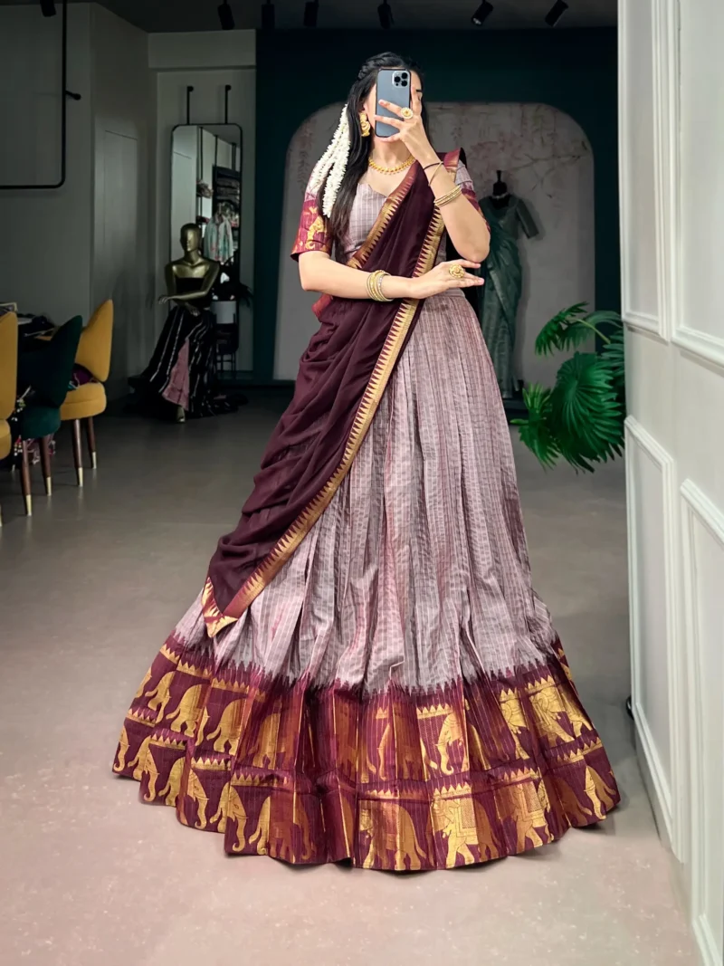 Pinkish Grey Poly Cotton Chex Half Saree Lehenga selfie